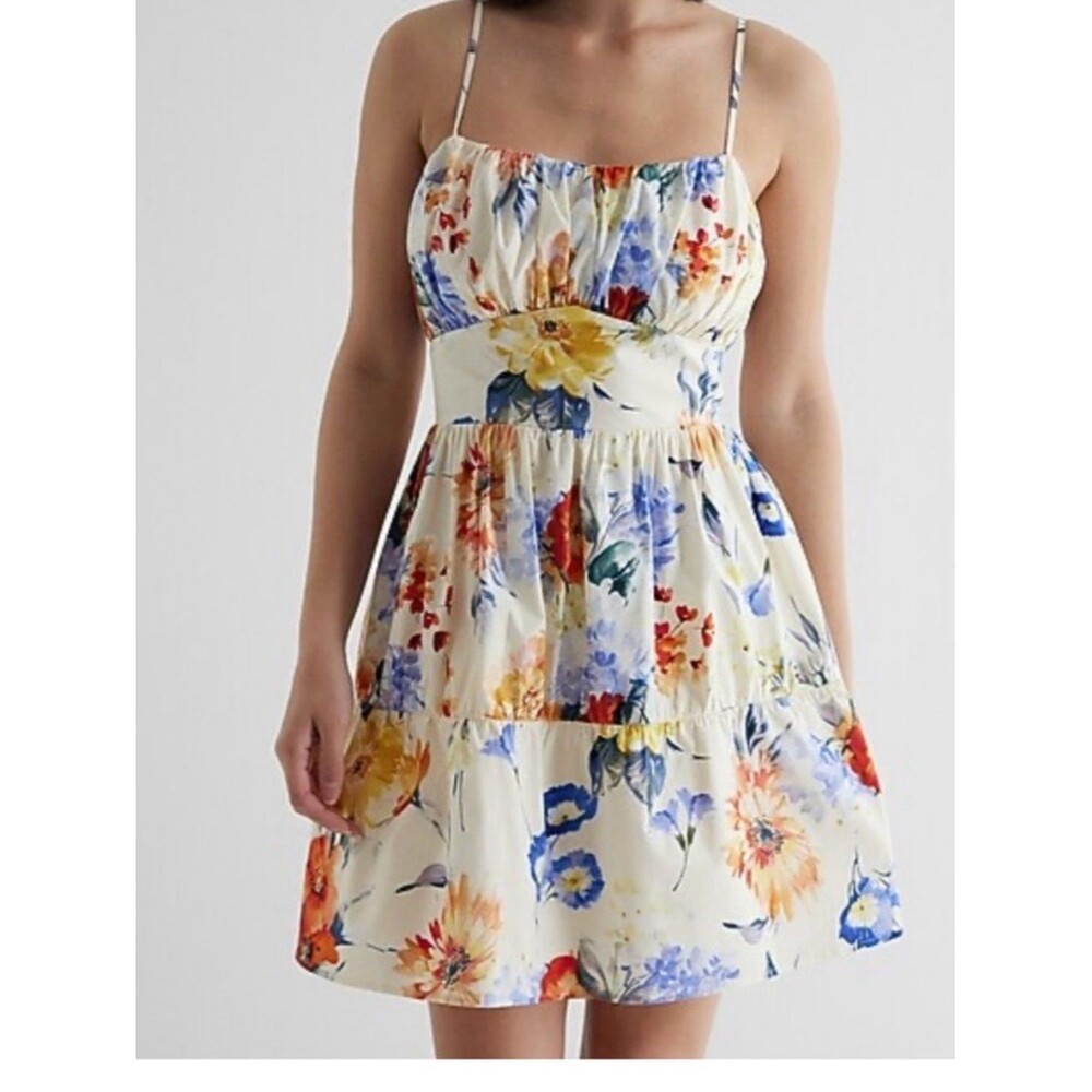 Express White Floral Mini Dress with Red, Blue and Yellow Blooms